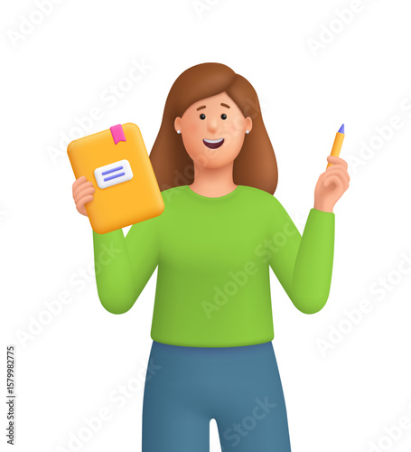 Young smiling woman Kate holding book and pencil. Education, knowledge, study concept. 3d vector people character. Cartoon minimal style.