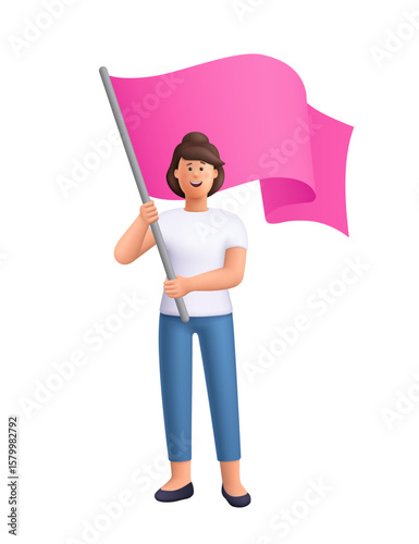 Young smiling woman Jane holding a large pink flag. Leadership, protest, celebration and achievement concept. 3d vector people character. Cartoon minimal style.