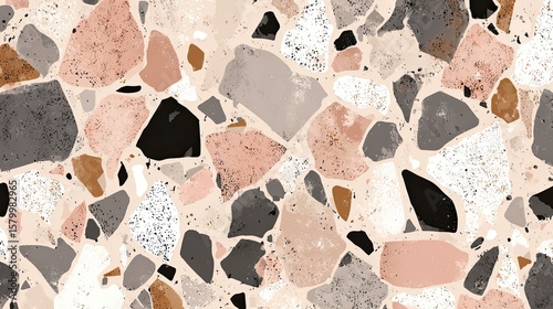 Abstract pattern of various colored stone chips, creating a terrazzo effect.