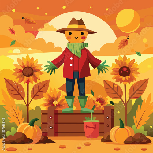 Autumn joy with children: a cartoon boy plays in fallen leaves, and a girl smiles among pumpkins