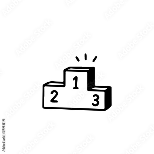 Hand-drawn black and white outline of a winner's podium with numbers 1, 2, and 3. Symbol of ranking, achievement, victory, or sports competition