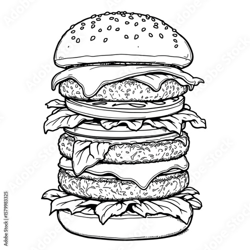 A Deliciously Stacked Double Cheeseburger with Lettuce Tomato and Pickles Ideal for a Coloring Activity for All Ages Enjoy Creating Your Own Masterpiece