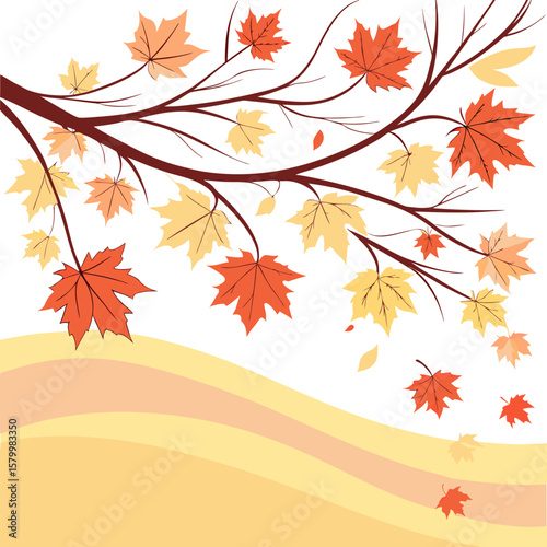 Illustration of an umbrella, hat, scarf, boots, and leaves in autumn colors on a white background