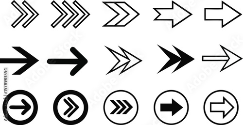 Collection of diverse black arrow icons and symbols pointing to the right in various styles on a white background