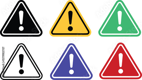 Collection of six triangular warning signs with exclamation marks in various colors including black yellow green blue and red