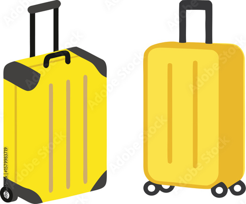 Two bright yellow rolling suitcases with black handles and wheels isolated on a white background symbolizing travel and vacation