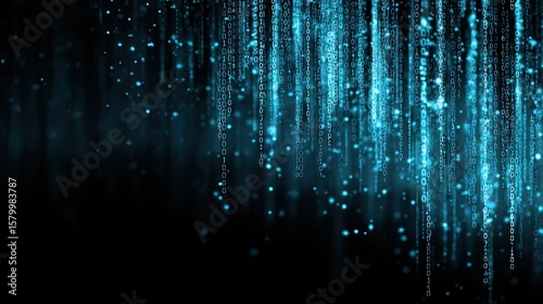 Abstract teal light streaks cascading downwards on black background.