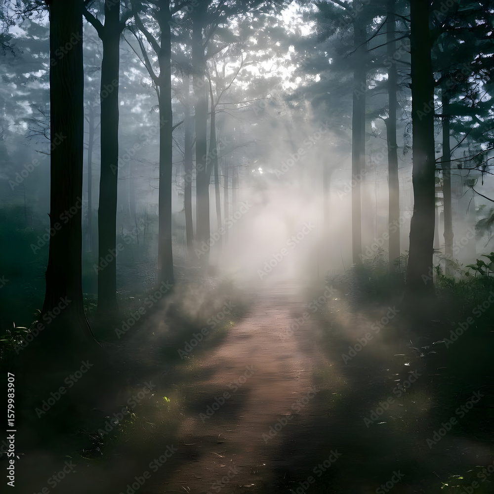 Fototapeta premium Misty Forest Path with Sun Rays
