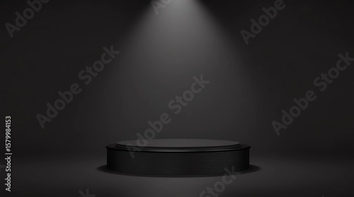 Abstract black product background stand or podium pedestal on explosion display with blank backdrops. 3D rendering