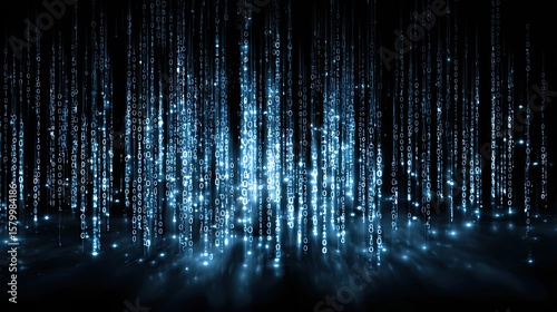 Abstract digital art depicting glowing blue light streaks falling downwards, creating an ethereal atmosphere.