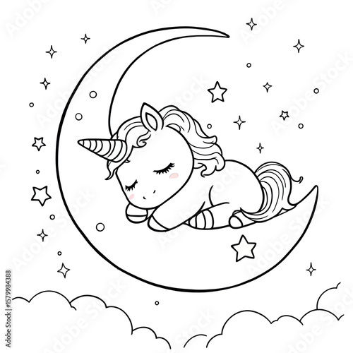 A Delightful Vector Coloring Page Featuring a Sleeping Unicorn Nestled Comfortably on a Crescent Moon Amidst a Starry Night Sky with Fluffy Clouds Below