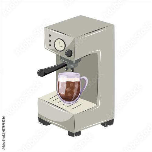 Modern portafilter coffee maker with ice coffee cup. Classic design barista tools. Isolated vector illustration on the white background.