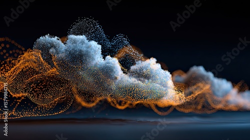 Abstract digital rendering of swirling, textured clouds of particles, in shades of orange and gray.