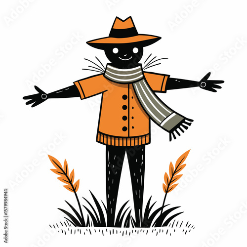 A cartoon Halloween witch with a broom and hat stands by a spooky pumpkin man and a black cat under the autumn moon, ready for some holiday magic