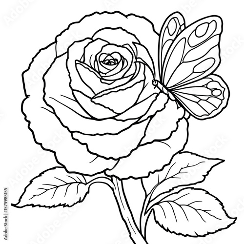 Discover the enchanting beauty of this delicate rose adorned with a graceful butterfly perfect for your next creative coloring adventure featuring floral designs and insect illustrations