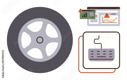 Wheel symbolizing mobility, keyboard for digital input, and alert windows with graphs and warnings. Ideal for technology, analytics, data errors, troubleshooting, process management, innovation