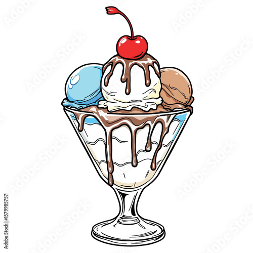 Deliciously Sweet Ice Cream Sundae Delightful Treat Fun Summer Dessert Vector Coloring Page