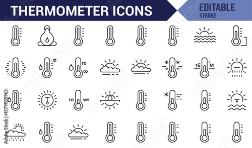 Set of thermometer icons showing various weather conditions such as hot, cold, sunny, rainy, and cloudy.