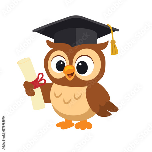 Cute Owl with Graduation Cap and Diploma. Hand Drawn Vector Art