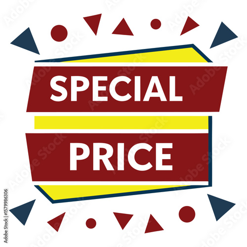 Special price promotion graphic features a bold red banner with yellow accents and geometric shapes for sales.