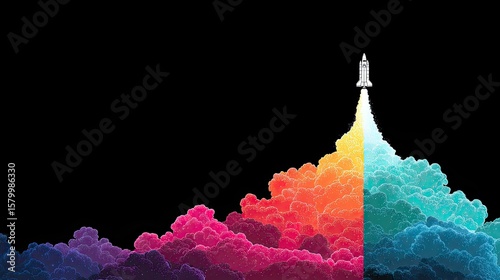 A rocket launches upwards, leaving a trail of colorful smoke against a stark black background.