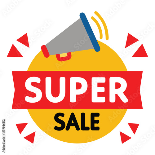 Super sale promotion graphic with megaphone and red accents announces a special offer for shoppers.
