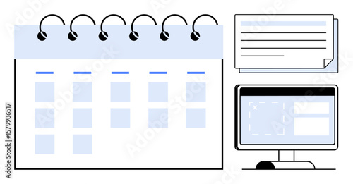 Desk calendar with highlighted dates, monitor with an open application, and stacked notes summarizing tasks. Ideal for organization, time management, planning, work efficiency, productivity tracking