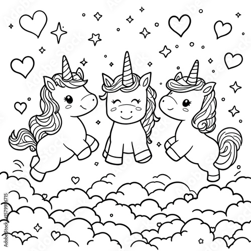 Adorable Fluffy Unicorns Dancing Joyfully in the Clouds Surrounded by Hearts and Stars for a Whimsical Coloring Adventure