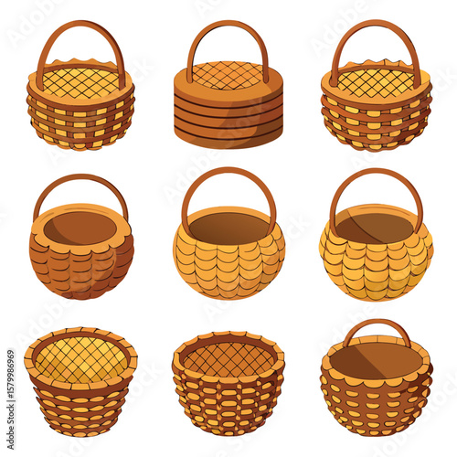 Empty, isolated, natural, brown wicker basket with handle, perfect for a picnic or Easter