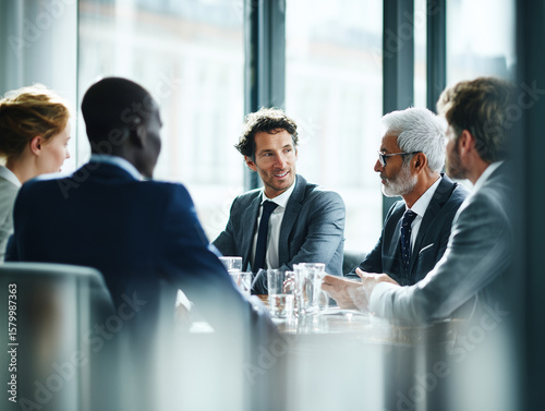 Business men and women wearing suit or formal outfit, discussing at their meeting with co-worker and client at the office in modern building.