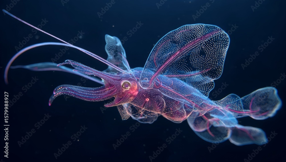 Obraz premium Bioluminescent Deep Sea Squid with Transparent Body and Pink and Blue Light Emission