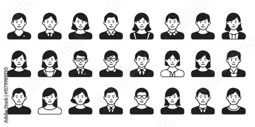 Collection of diverse monochrome avatar icons representing various people and professions in a grid