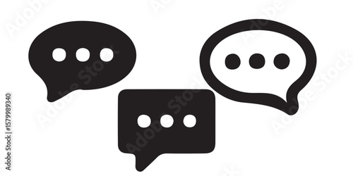 A collection of three speech bubbles in black and white representing communication and dialogue icons
