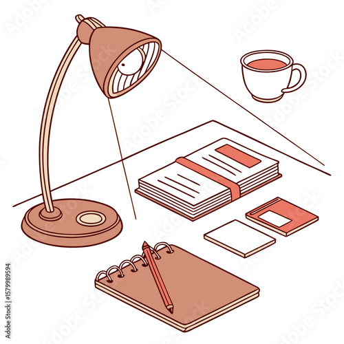 Illustration of a desk lamp illuminating a book, notebook, pencil, and coffee mug on a white surface