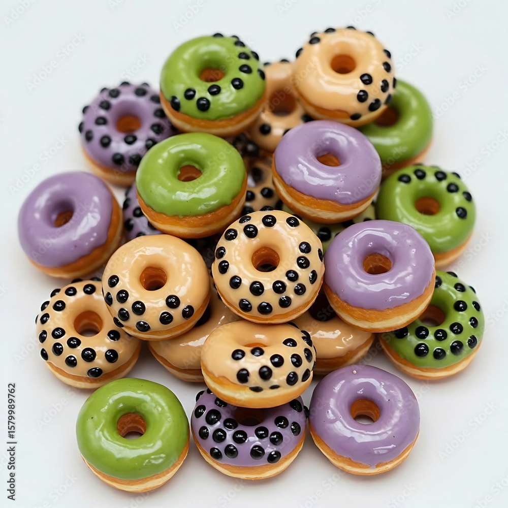 Fototapeta premium A collection of miniature bubble tea donuts, each with a different glaze (e.g., matcha, taro, classic milk tea) and adorned with tiny black tapioca pearls.