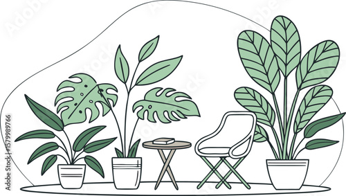 Indoor arrangement with potted plants chair and small table creating a cozy and inviting atmosphere