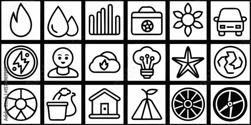 A diverse set of vector icons featuring floral, travel, and food illustrations in black silhouette designs