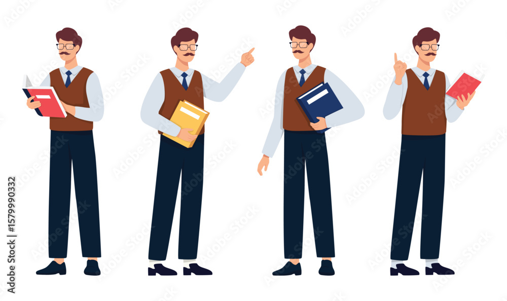 Fototapeta premium Male characters explain classes isolated on white background. Set of character a handsome man in casual clothes in different poses. Teacher collection concept. Vector illustration.