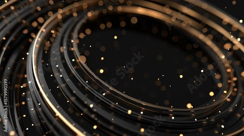 Black circular tech rings rotating with golden accents, elegant loop animation