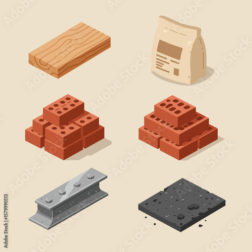Isometric view of construction materials including wood, bricks, cement bag, steel beam, and asphalt for building projects.
