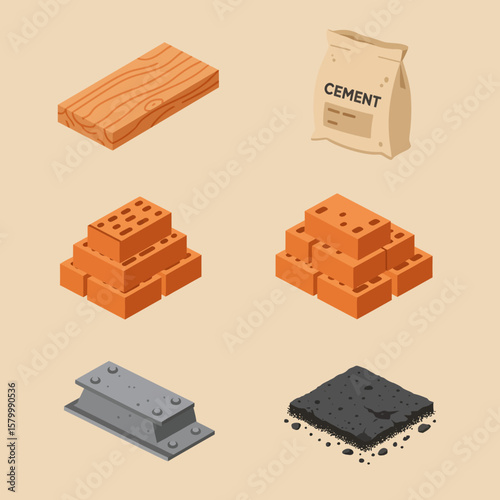 An isometric vector illustration showcasing a diverse collection of essential construction materials including wood, cement, bricks, steel, and asphalt.