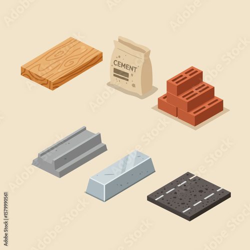Collection of construction materials including wood, cement bag, bricks, concrete, metal, and asphalt road in isometric view.