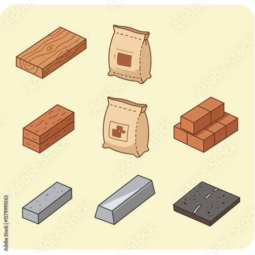 Collection of isometric illustrations of construction materials: wood, bricks, cement, concrete, metal, and asphalt, perfect for construction, architecture, and engineering projects needing visual