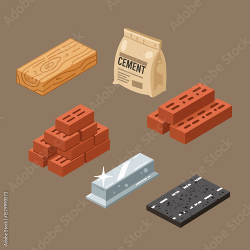 Isometric illustration showcases essential construction materials like wood, cement, bricks, steel, and asphalt, ideal for architectural and engineering projects.