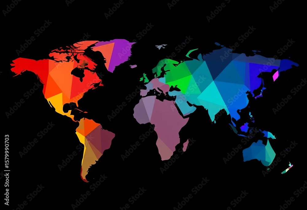 Fototapeta premium Abstract geometric world map with vibrant triangular and hexagonal patterns, depicting continents in stylized forms, vector, colorful