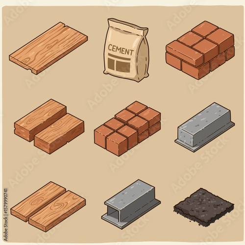 Isometric illustration showcasing various construction materials, including wood planks, cement bag, bricks, and concrete blocks, arranged on a light brown background for building concepts.