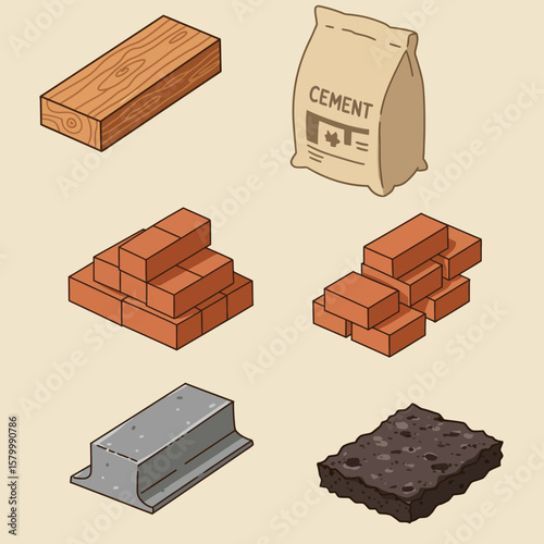 Isometric illustration of construction materials: wood, cement, bricks, steel and asphalt, perfect for architecture or engineering projects needing a clean and modern design. 