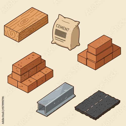 An isometric illustration presents a diverse collection of fundamental building and construction materials, including wood, bricks, cement, steel, and asphalt.