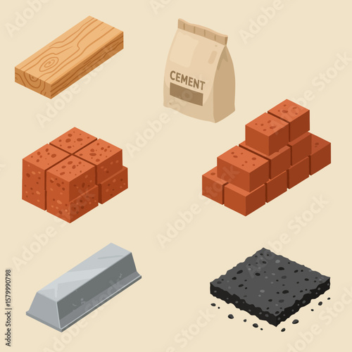 Isometric illustration showcasing construction materials including wood, cement, bricks, asphalt, and metal for building and renovation projects.