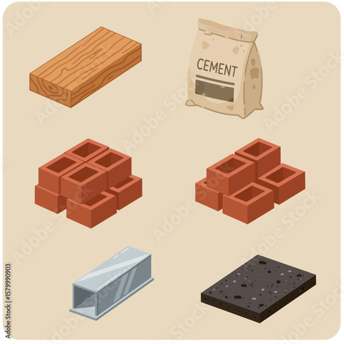 Collection of construction materials including wood, cement, bricks, metal, and asphalt, presented in an isometric view.